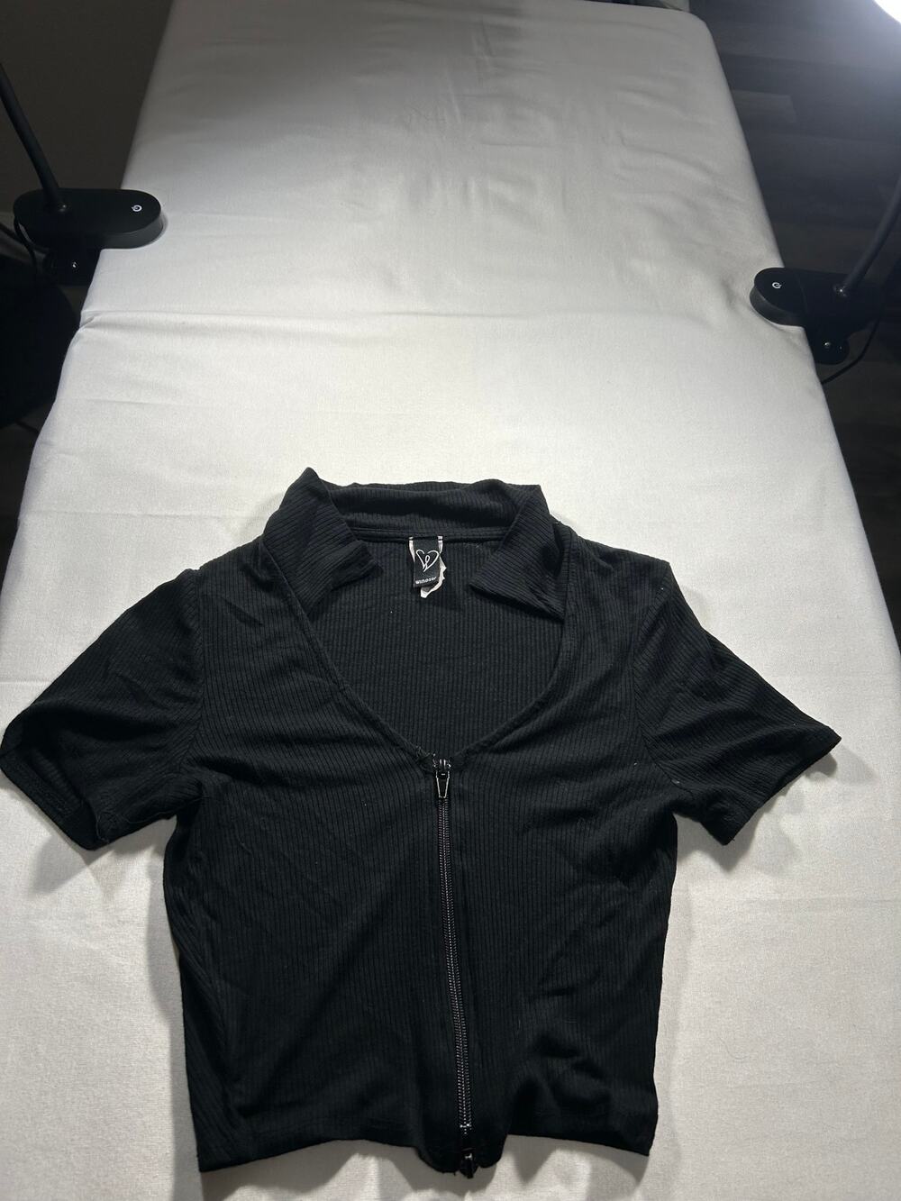 Windsor Black Ribbed Zip Front Collared Crop Top